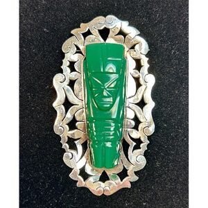 Large VINTAGE Mexican Sterling Silver and Carved Jade Brooch